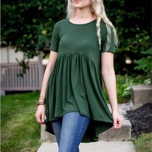 Short sleeve, waist shirring high-low top. Very flattering stretch.